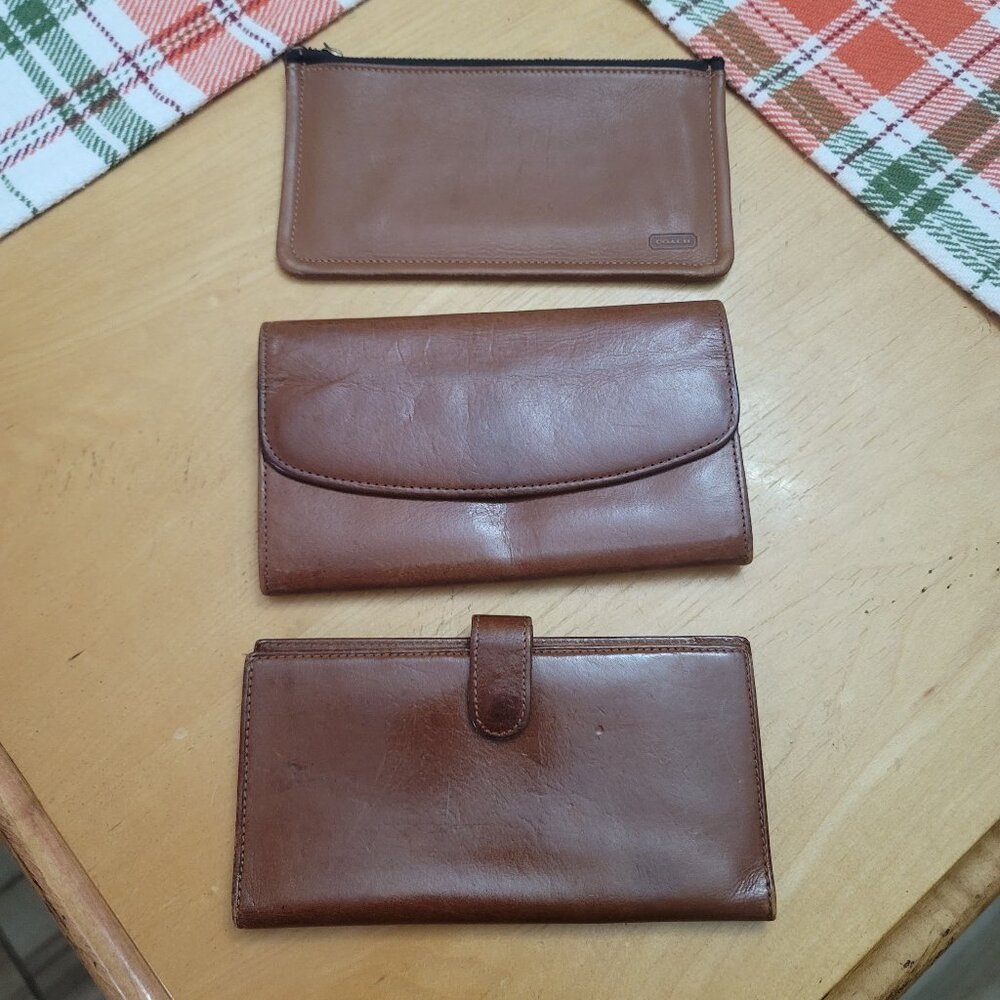 Set of 3 Coach Wallet Slim Cardholder Makeup Pouch Bag ~ Saddle color